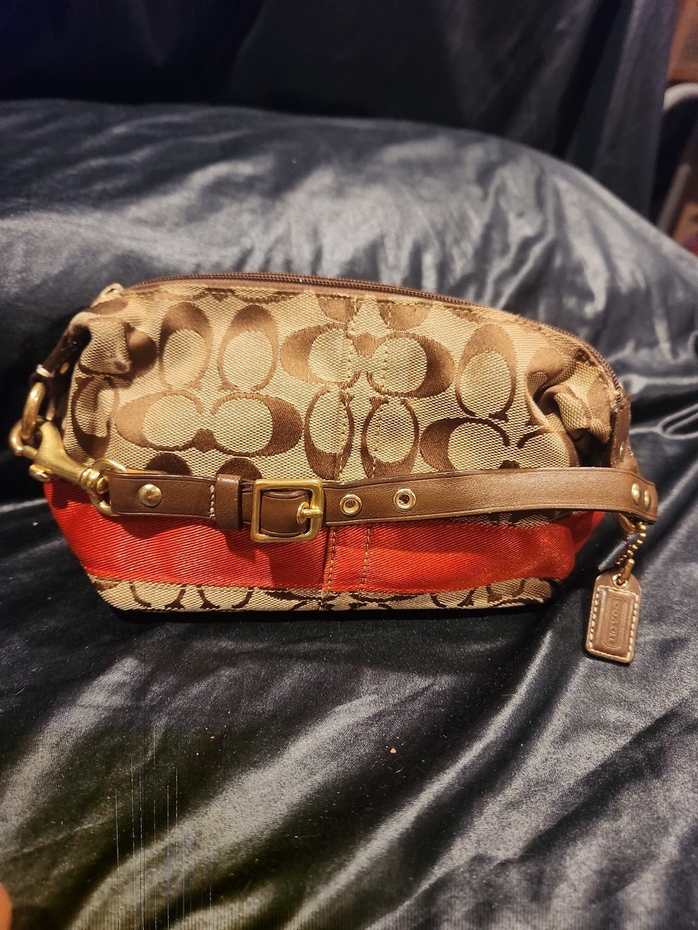 Coach Signature Canvas and Leather Wristlet in Brown and Red